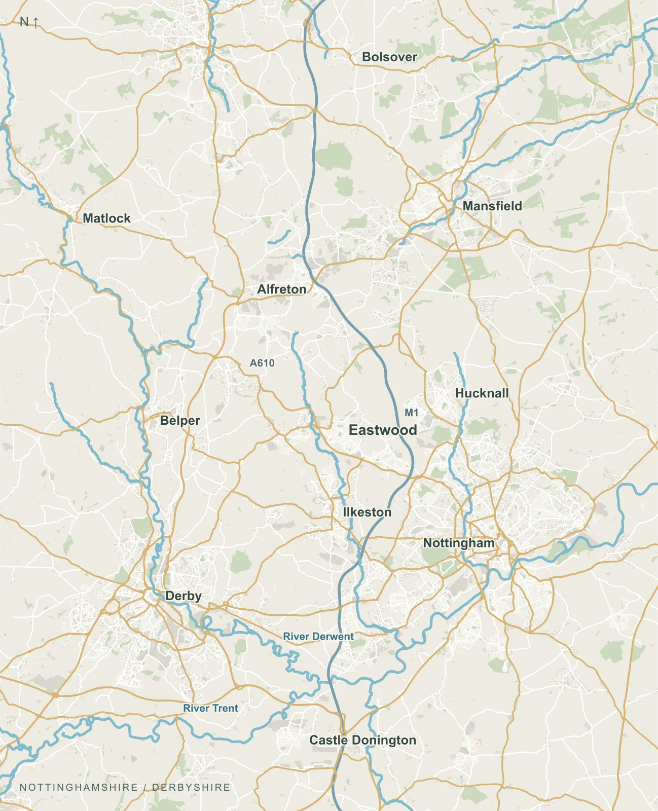 Roads and rivers around Eastwood, Nottingham, Derby and Mansfield