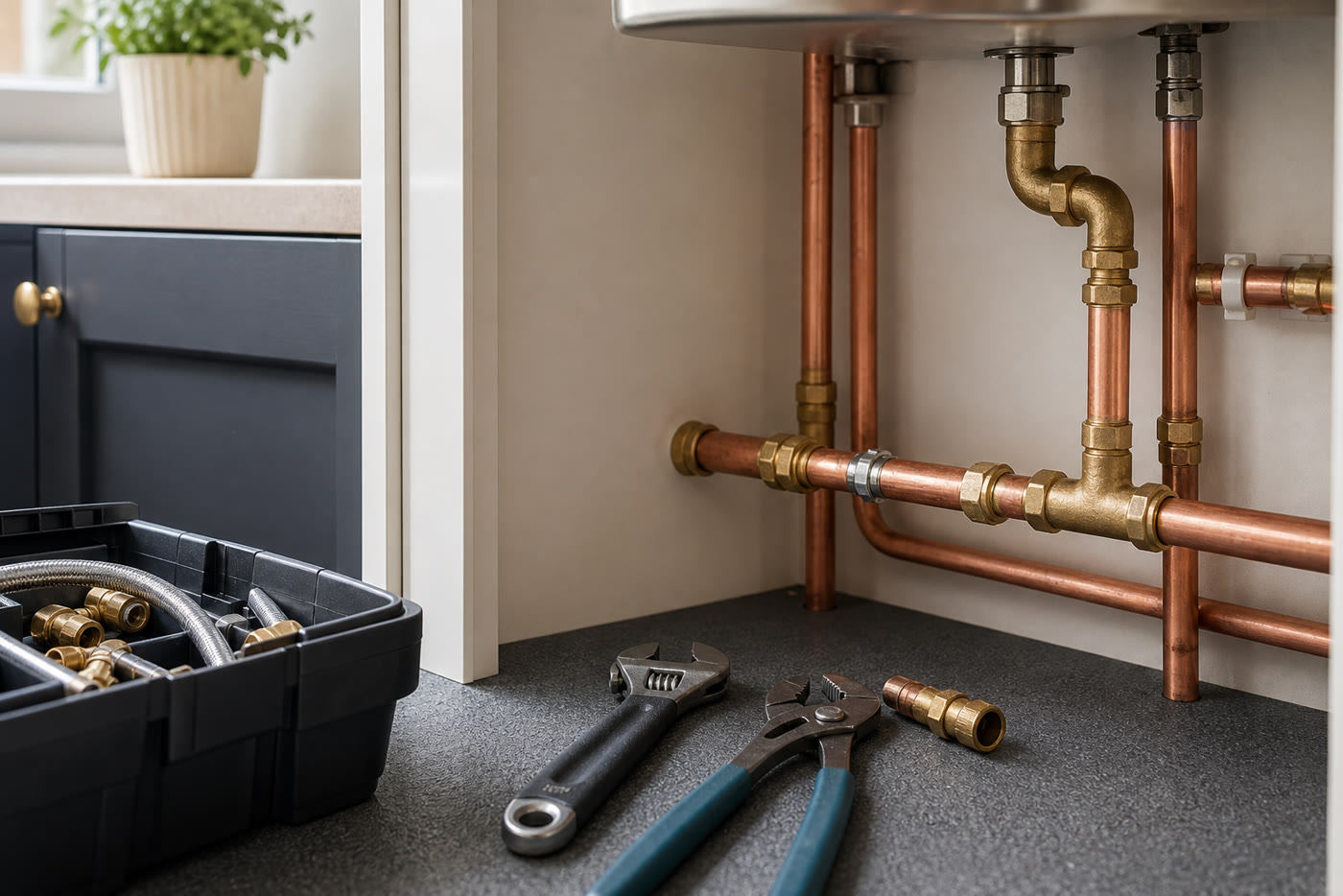 Exposed pipework during a plumbing repair