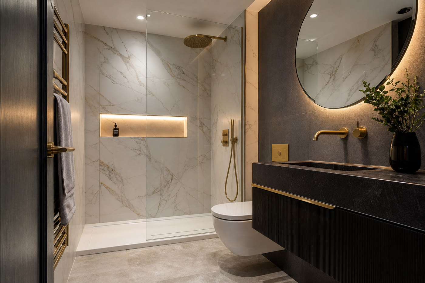 Walk-in shower and fitted basin in a tiled ensuite bathroom